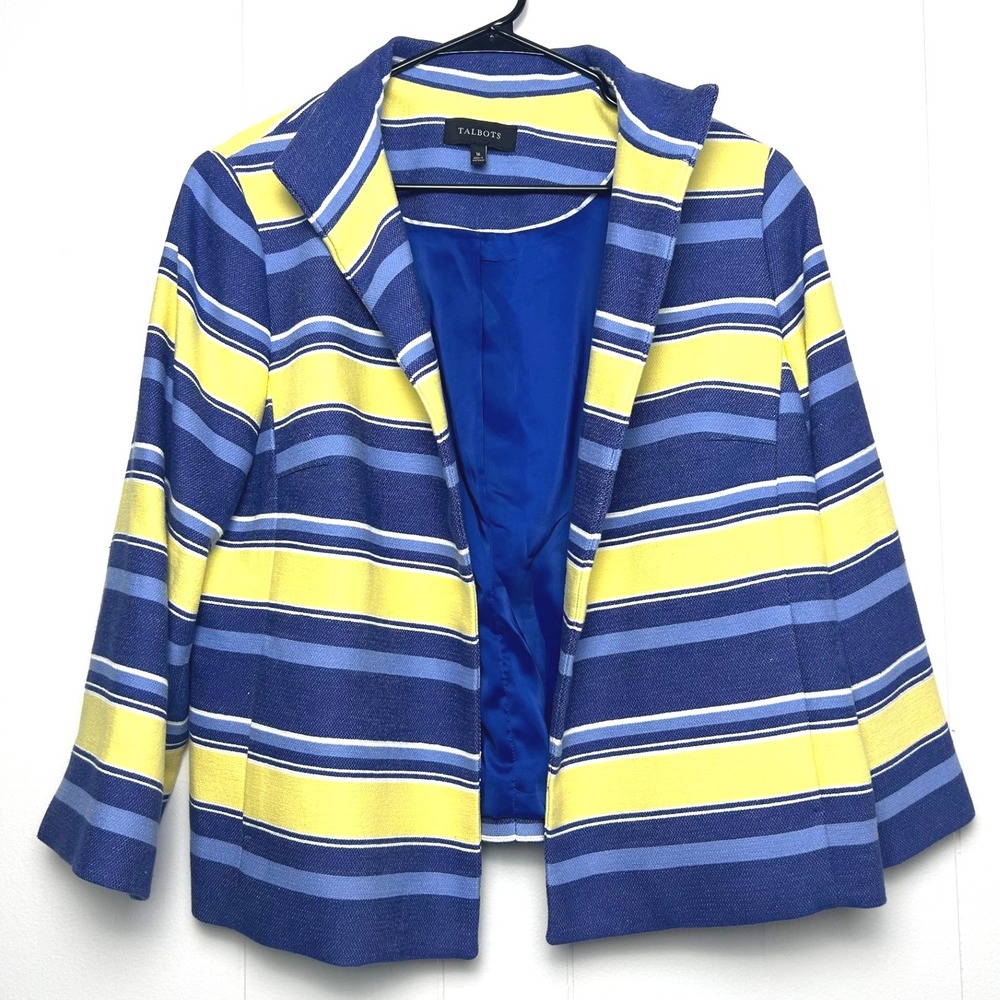 Talbots Blazer Women's 16 Blue Yellow Stripe Open Front nautical‎ spring
